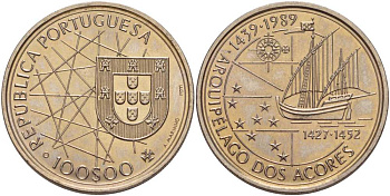 Португалия 100 эскудо 1989 серия золотой век португальских открытий, 550 лет открытия Азорских островов KM 648 медно-никель UNC 4184-935