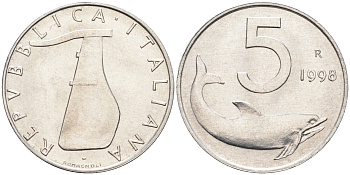 Италия 5 лир 1998 R, дельфин KM 92 алюминий  UNC  4594-924