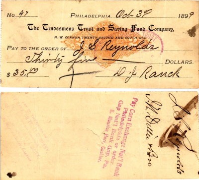 США чек на 35 долларов 1899 Филадельфия бумага 2196-29-1-1