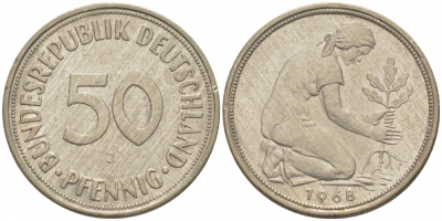 ФРГ 50 ПФЕННИГОВ 1968 J, KM 109.1, J. 384 медно-никель 3996-1219