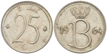 Бельгия 25 сантимов 1964 Belgie, Бодуэн I (1951-1993) KM 154.1 медно-никель 66-1259
