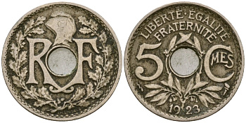 Франция 5 сантимов 1923 KM 875 медно-никель 4164-337