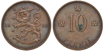 Финляндия 10 пенни 1938 KM 24 медь 51-3033