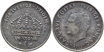 Швеция 1 крона 2003 Карл XVI Густав (1973- ) KM 894 медно-никель 4179-1213