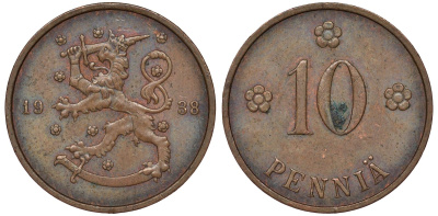 Финляндия 10 пенни 1938 KM 24 медь 51-3033