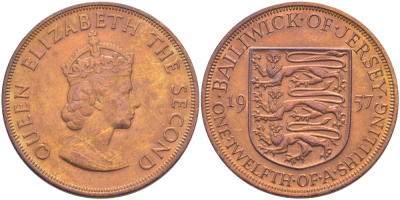 Джерси 1/12 шиллинга 1957 Елизавета II (1952-2022) KM 21 бронза UNC 3996-246