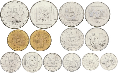 Сан-Марино годовой набор из 7 монет 1976 1, 2, 5, 10, 20, 50, 100 лир, в оригинальном буклете KM 51-57 UNC 3-6-4-55