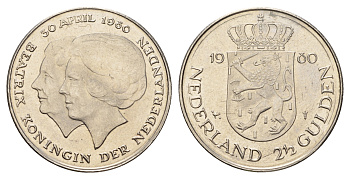 Нидерланды 2 1/2 гульдена 1980 коронация Беатрикс, 30 апреля 1980 KM 201 никель 4683-834