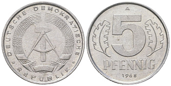 ГДР 5 пфеннигов 1968 A KM 9.1 алюминий aUNC 206-557