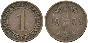 Германия 1 рейхспфенниг 1936 A KM 37, J. 313 бронза 4528-1017