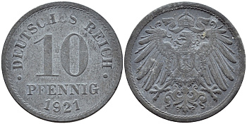 ГЕРМАНИЯ 10 ПФЕННИГОВ 1921 KM 26, J. 299 цинк 4395-1254