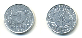 ГДР 5 пфеннигов 1972 A KM 9.1 алюминий 4379-216