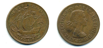 Великобритания 1/2 пенни 1967 Елизавета II (1952-2022) KM 896, Spink 4158 бронза 41-853