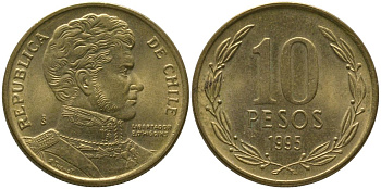 Чили 10 песо 1995 So KM 228.2, Schon 82 алюминиевая бронза aUNC 4544-622