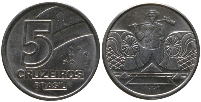 Бразилия 5 крузейро 1991 KM 618.2, Schon 127a нержавеющая сталь 4519-522