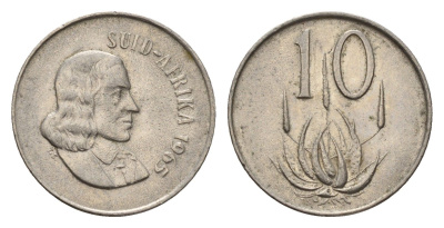 ЮАР 10 центов 1965 Ян ван Рибек (1619-1677), Suid Africa, легенда на африкаанс, цветок алоэ KM 68.2 медно-никель 4640-1211