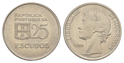 Португалия 25 эскудо 1980 KM 607a медно-никель UNC 4678-754