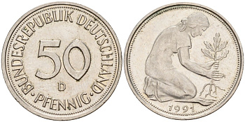 ФРГ 50 пфеннигов 1991 D KM 109, J. 384 медно-никель 4177-831