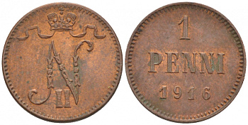 РОССИЯ ДЛЯ ФИНЛЯНДИИ 1 ПЕННИ 1916 НИКОЛАЙ II (1895-1917) KM 13, Биткин 476 медь 211-1053