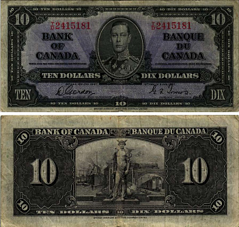 КАНАДА 10 ДОЛЛАРОВ 1937 ГЕОРГ VI, ПОДПИСЬ GORDON-TOWERS, BABNC Pick 61b бумага 451-256-3