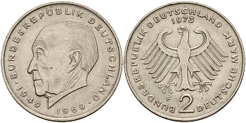 ФРГ 2 марки 1973 F, Конрад Аденауэр J 406, KM 124 медно-никель плакированный никелем    4599-433