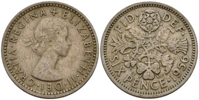 Великобритания 6 пенсов 1956 Елизавета II (1952-2022) KM 862 медно-никель 4154-1019