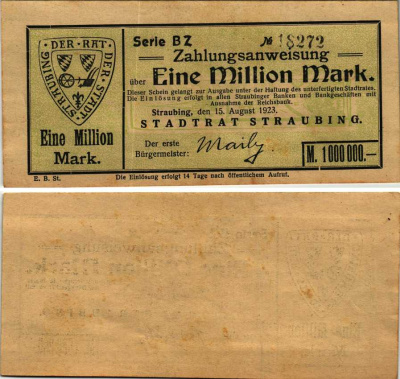 ШТРАУБИНГ 1000000 МАРОК 1923 НОТГЕЛЬД, 15 АВГУСТА 1923, ЗЕМЛЯ БАВАРИЯ, СВЕТЛО-ЗЕЛЁНАЯ Keller 4904e бумага 6318-38-1-1