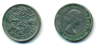 Великобритания 6 пенсов 1957 Елизавета II (1952-2022) KM 903, Spink 4149 медно-никель 61-1134