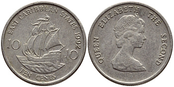 Восточно-Карибские штаты 10 центов 1992 Елизавета II (1952-2022), парусник KM 13 медно-никель 4396-621
