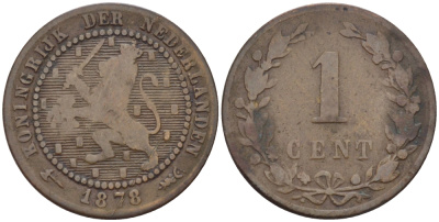 Нидерланды 1 цент 1878 Виллем III (1849-1890) KM 107 бронза 100-441