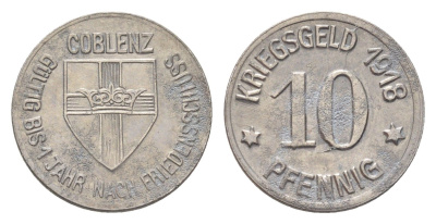 Кобленц 10 пфеннигов 1918 Funck 80.1A, Men05 4526.1, Men18 5727.1 железо 4708-929