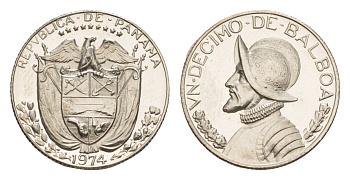 Панама 1/10 бальбоа (10 сентесимо) 1974 тираж 18.000 экземпляров KM 10 медь плакированная медно-никелем PROOF 1522-235