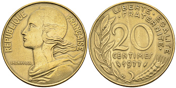 Франция 20 сантимов 1977 тип Marianne KM 930 медь алюминий никель    4177-117