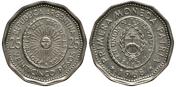 Аргентина 25 песо 1965 первая монета отчеканенная в Аргентине в 1813 году KM 61 сталь плакированная никелем 4185-534