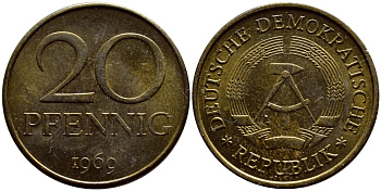 ГДР 20 пфеннигов 1969 А, первый год KM 11 латунь UNC 4398-1144