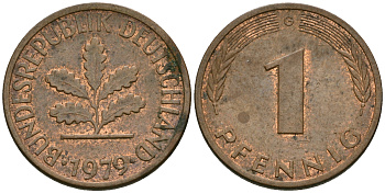 ФРГ 1 пфенниг 1979 G KM 105, J.380 сталь плакированная медью 08-1326