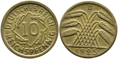 ГЕРМАНИЯ 10 РЕЙХСПФЕННИГОВ 1925 D KM 40, J.317 алюминиевая бронза 4390-836