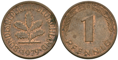 ФРГ 1 пфенниг 1979 G KM 105, J.380 сталь плакированная медью 08-1326