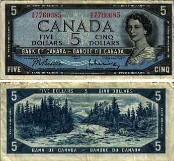 КАНАДА 5 ДОЛЛАРОВ 1961-1972 ЕЛИЗАВЕТА II, РЕКА, ПОДПИСЬ BEATTIE-RASMINSKY Pick 76b бумага 7485-65-3
