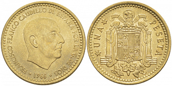 ИСПАНИЯ 1 ПЕСЕТА 1966 (71) ФРАНСИСКО ФРАНКО ДИКТАТОР ИСПАНИИ (1939-1975) КМ 796 алюминиевая бронза 87-1447
