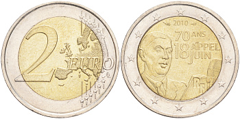 Франция 2 евро 2010 70 лет речи Шарля де Голля "Ко всем французам" KM 1676 биметалл 4556-434