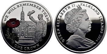 Фолклендские острова 1 крона 2014 в память героев первой мировой войны, Королевский госпиталь Челси, красный мак KM 177a.1 серебро, эмаль  PROOF 1071-2-54