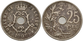 Бельгия 25 сантимов 1908 Belgique KM 62 медно-никель 23-1426