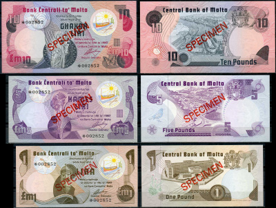 Мальта 1, 5 и 10 лир (фунтов) L. 1967 (1979) образец, Specimen, № 002852 Pick 34 s, 35 s, 36 s  бумага  UNC (пресс) 451-22-2