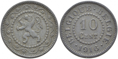 БЕЛЬГИЯ 10 САНТИМОВ 1916 BELGIQUE-BELGIE KM 81 цинк 3856-427