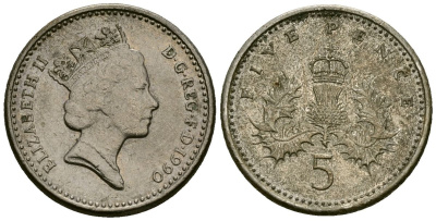 Великобритания 5 пенсов 1990 Елизавета II (1952-2022) KM 937b, Spink 4372 (D4) медно-никель 4173-1238