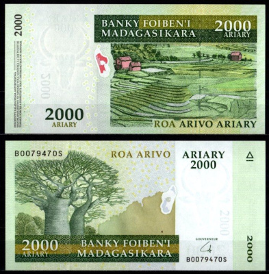 Мадагаскар 2000 ариари (10000 франков) ND (2007-2014) Pick 90 b бумага UNC (пресс) 7214-49-3-1