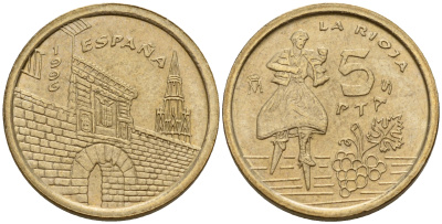 Испания 5 песет 1996 Хуан Карлос I (1975-2014), Риоха (La Rioja) KM 960 алюминиевая бронза 4160-334