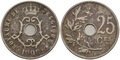 Бельгия 25 сантимов 1908 Belgique KM 62 медно-никель 23-1426