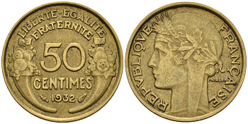 Франция 50 сантимов 1932 KM 894.1, Le Franc 192.15 алюминиевая бронза 4596-755